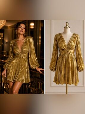 Vici Metallic Gold Plissé Twist-Waist Mini Dress